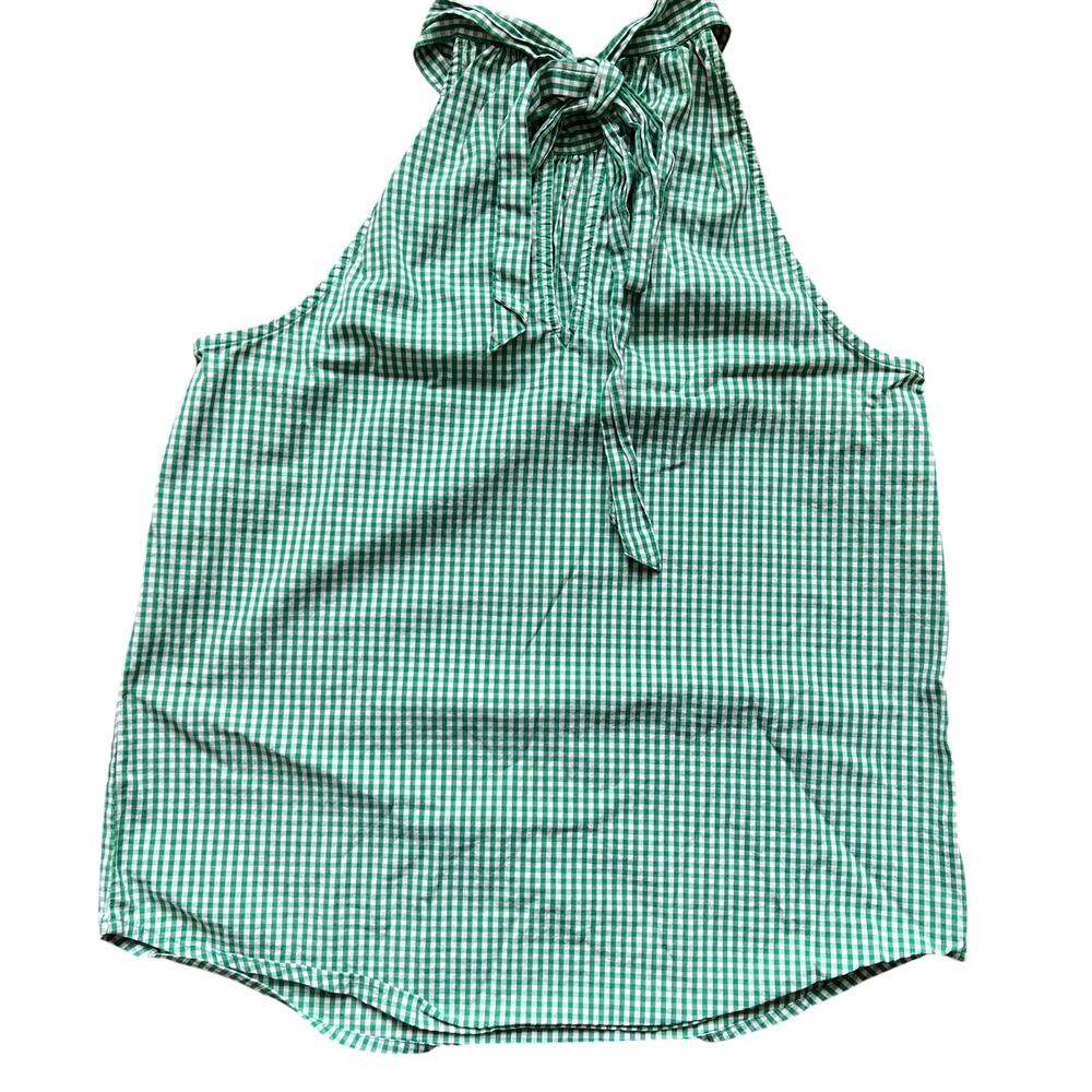 J Crew Sz 0 Gingham Halter Top Tie Neck Green White Preppy Coastal Classic - Picture 3 of 6